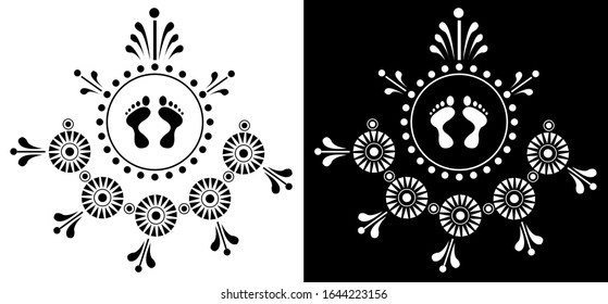 Rangoli design concept of flower petals circles, foot prints and leaves is in black and white background