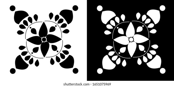 Rangoli design concept of Rangoli with flower petals, leaves and circles is in black and white background