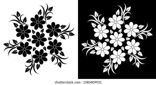 Rangoli design concept of flower surrounded by petals and leaves is in Black and white background