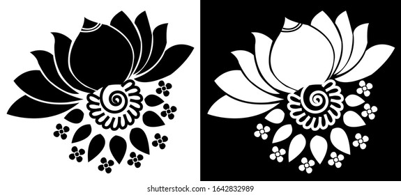Rangoli design concept of Lotus flower with spirals and leaves is in black and white background