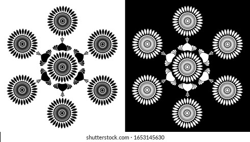Rangoli-Design-Konzept von Mandalas, umgeben von Blütenblättern und Blättern, ist auf schwarz-weißem Hintergrund