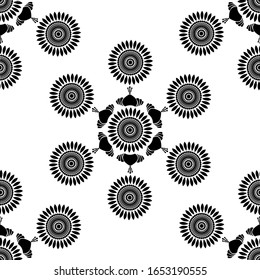 Rangoli design concept of Mandalas surrounded by flower petals and leaves is in Seamless pattern