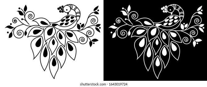 Rangoli design concept of Peacock with feathers, spirals and leaves is in black and white background