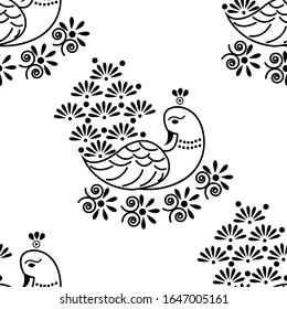Rangoli design concept of Peacock with feathers, spirals, flower petals and leaves is in Seamless pattern