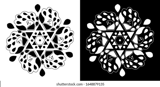Rangoli design concept of Peacock with feathers and shapes is in black and white background