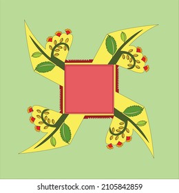 Rangoli design with Indian motifs in square  on light green background 