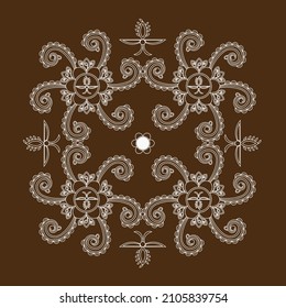 Rangoli design with Indian traditional motifs on dark brown color  background