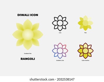 Icono de Rangoli en estilo 5, es decir, gradiente plano, plano, plano, línea degradada y contorno de color. Rangoli es una forma de arte que se origina en el subcontinente indio, en el que se crean patrones en el suelo.