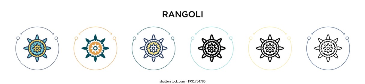 Icono de Rangoli relleno, delgado, contorno y estilo de trazo. Ilustración vectorial de dos iconos vectores de rangoli de color y negro se puede utilizar para móviles, ui, web