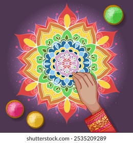 Rangoli made by a man on the floor using colorful powders, decorative pattern to celebrate Diwali, vector illustration, eps10