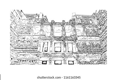 Rani ki vav is an intricately constructed stepwell situated in the town of Patan in Gujarat, India. Hand drawn sketch illustration in vector.