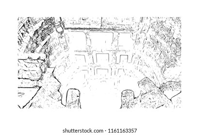 Rani ki vav is an intricately constructed stepwell situated in the town of Patan in Gujarat, India. Hand drawn sketch illustration in vector.