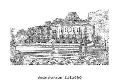 Rani ki vav is an intricately constructed stepwell situated in the town of Patan in Gujarat, India. Hand drawn sketch illustration in vector.