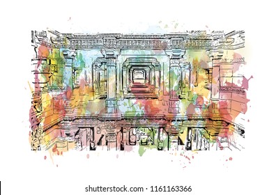 Rani ki vav is an intricately constructed stepwell situated in the town of Patan in Gujarat, India. Watecolor splash with Hand drawn sketch illustration in vector.