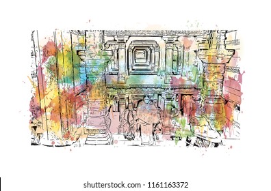 Rani ki vav is an intricately constructed stepwell situated in the town of Patan in Gujarat, India. Watecolor splash with Hand drawn sketch illustration in vector.
