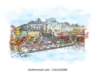 Rani ki vav is an intricately constructed stepwell situated in the town of Patan in Gujarat, India. Watecolor splash with Hand drawn sketch illustration in vector.