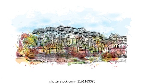 Rani ki vav is an intricately constructed stepwell situated in the town of Patan in Gujarat, India. Watecolor splash with Hand drawn sketch illustration in vector.
