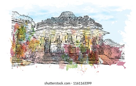 Rani ki vav is an intricately constructed stepwell situated in the town of Patan in Gujarat, India. Watecolor splash with Hand drawn sketch illustration in vector.
