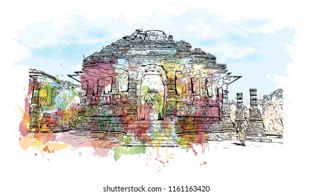 Rani ki vav is an intricately constructed stepwell situated in the town of Patan in Gujarat, India. Watecolor splash with Hand drawn sketch illustration in vector.