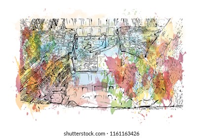 Rani ki vav is an intricately constructed stepwell situated in the town of Patan in Gujarat, India. Watecolor splash with Hand drawn sketch illustration in vector.