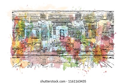 Rani ki vav is an intricately constructed stepwell situated in the town of Patan in Gujarat, India. Watecolor splash with Hand drawn sketch illustration in vector.