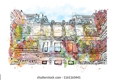 Rani ki vav is an intricately constructed stepwell situated in the town of Patan in Gujarat, India. Watecolor splash with Hand drawn sketch illustration in vector.