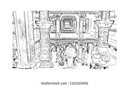 Rani ki vav is an intricately constructed stepwell situated in the town of Patan in Gujarat, India. Hand drawn sketch illustration in vector.