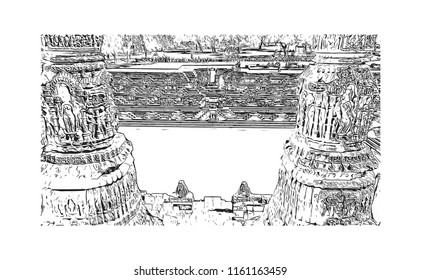 Rani ki vav is an intricately constructed stepwell situated in the town of Patan in Gujarat, India. Hand drawn sketch illustration in vector.