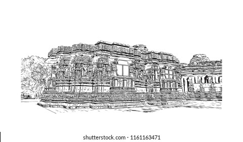 Rani ki vav is an intricately constructed stepwell situated in the town of Patan in Gujarat, India. Hand drawn sketch illustration in vector.