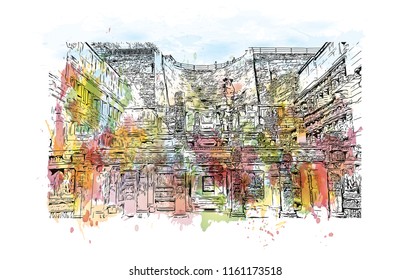 Rani ki vav is an intricately constructed stepwell situated in the town of Patan in Gujarat, India. Watecolor splash with Hand drawn sketch illustration in vector.