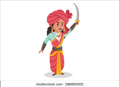 Rani Lakshmibai is holding a sword in hand and going for the war. Vector graphic illustration. Individually on a white background. 