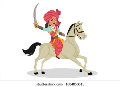 Rani Lakshmibai is sitting on the horse holding sword and going for the war. Vector graphic illustration. Individually on a white background.