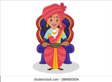 Rani Lakshmibai is sitting on a throne. Vector graphic illustration. Individually on a white background.