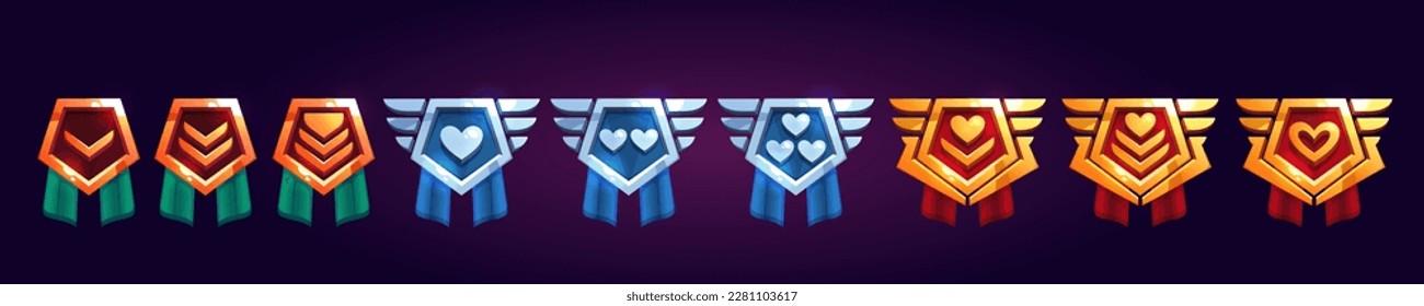 Rank badge insignia for military game with heart and ribbon cartoon vector. Gold, silver and bronze army emblem icon with decoration for progress symbol. Soldier strength chevron button gui collection