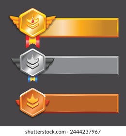 Rank badges illustration with a detailed vector illustration and three variants, gold, silver, bronze. that suitable for your game level or tier badge.