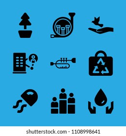 rank, bag, jellyfish, french horn, plant, trumpet, dove of peace, ecology and office block vector icon. Simple icons set