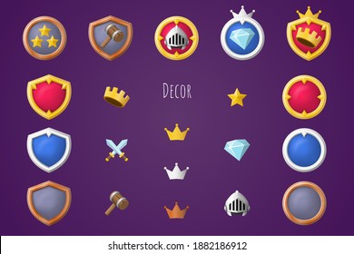 Rank constructor icons set. Isolated vector illustration of mobile game sprites. Design for stickers, logo, mobile app. Arcade or match 3 2d game asset. Flat sprite sheet. Guild or clan logo maker