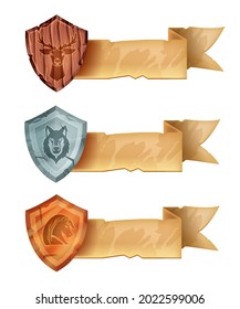 Rank game badge icon set, vector shield medal UI award, wooden deer, silver wolf, bronze horse on white. Level up achievement logo, old parchment ribbon, league sign. Winner game badge leaderboard