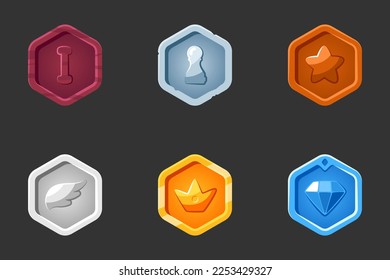 Rank icons set. Isolated vector illustration of mobile game sprites. Design for stickers, logo, mobile app. Arcade or match 3 2d graphics game asset. Flat rank sprites sheet.