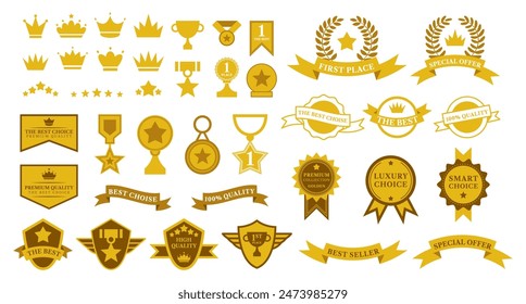 Rank laurel. Award icon. Gold trophy. Bronze medal. Golden crown emblem. Quality ribbon. Premium certificate symbol. Stars pattern. Winner badge. Champion reward sign. Vector garish flat stickers set