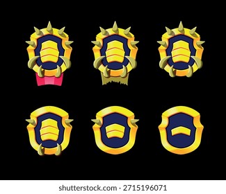 Rank level  gold badges bundle. Yellow color. Ribbon and wings. High quality illustrations. Perfect for games evolution.