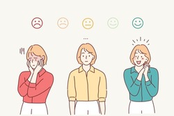 Rank, Level Of Satisfaction Rating. Sad And Positive Women.Hand Drawn Style Vector Design Illustrations.
