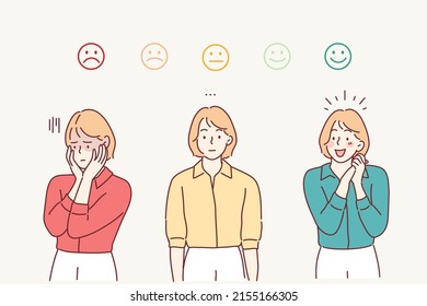 Rank, level of satisfaction rating. sad and positive women.Hand drawn style vector design illustrations.
