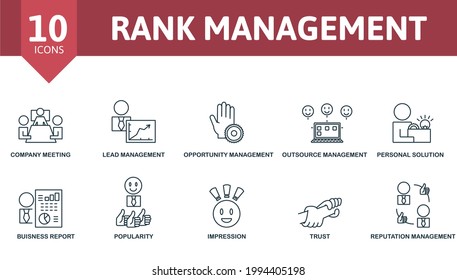 Rank Management icon set. Contains editable icons reputation management theme such as company meeting, opportunity management, personal solution and more.