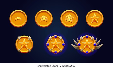 Rank patent gold set. Blue gemstones, star and spikes. 3d metal effect. Perfect for game achievements.