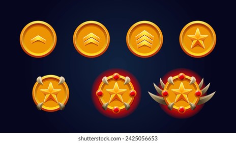 Rank patent gold set. red gemstones, star and spikes. 3d metal effect. Perfect for game achievements.