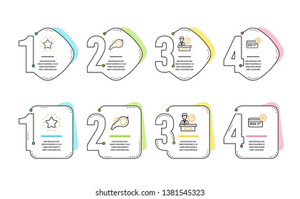 Rank star, Whistle and Presentation time icons simple set. Cashback sign. Best result, Kick-off, Report. Non-cash payment. Business set. Infographic timeline. Line rank star icon. 4 options or steps