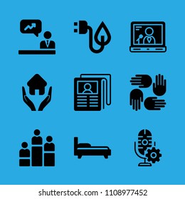 rank, supportive hands, home insurance, microphone, bed, electricity, laptop, analytics and newspaper vector icon. Simple icons set