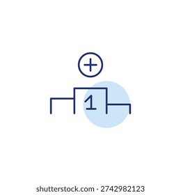 Rank update, award added. Plus symbol on winner podium. Success and competition. Pixel perfect, editable stroke vector icon