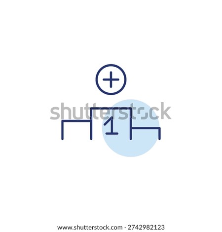Rank update, award added. Plus symbol on winner podium. Success and competition. Pixel perfect, editable stroke vector icon
